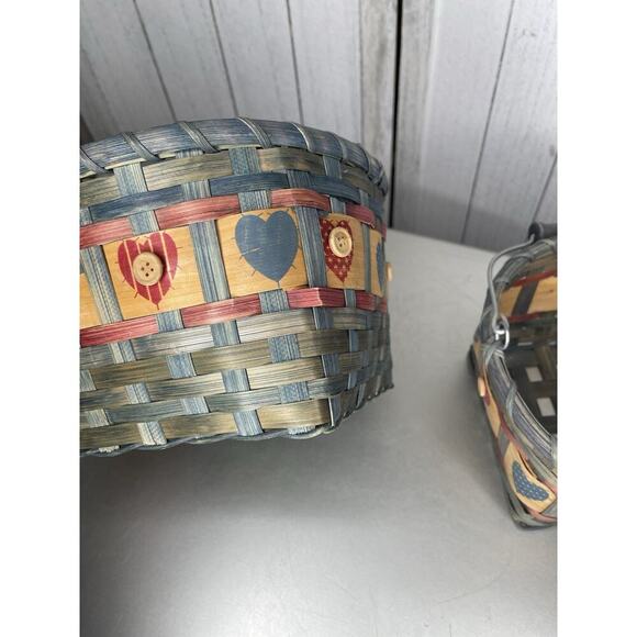 Vintage Heart Motif Wicker Basket With Handle Rustic Set Of 3 Nesting - Picture 4 of 9